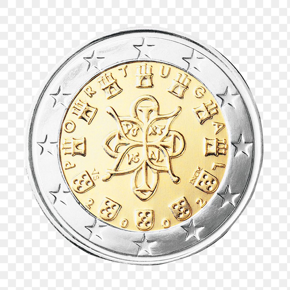 Portugal 2 Euro coin png, transparent background