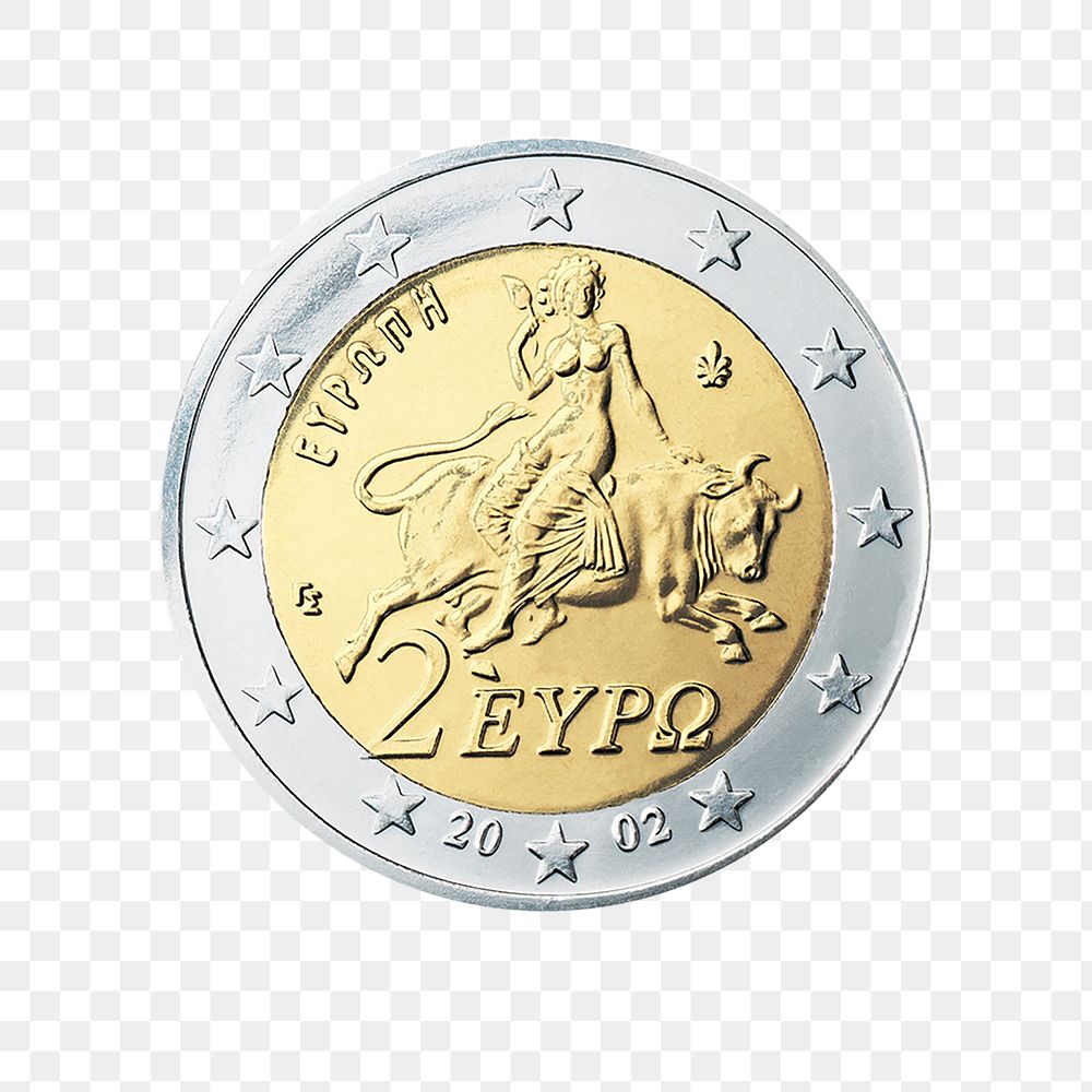 Greece 2 Euro coin png, transparent background