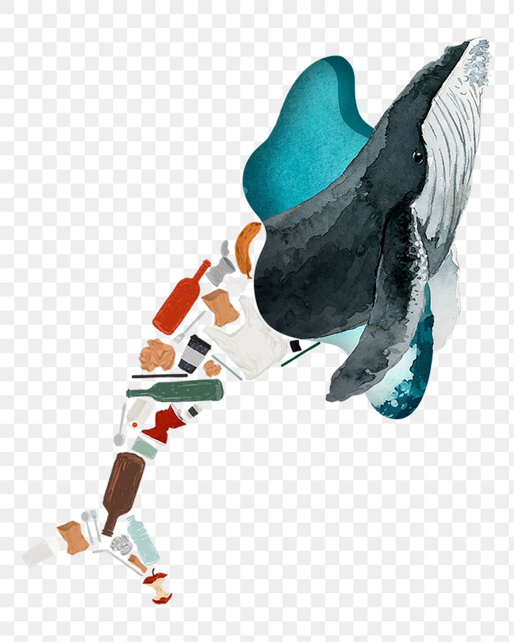 Swimming whale with garbage png, ocean pollution illustration, transparent background