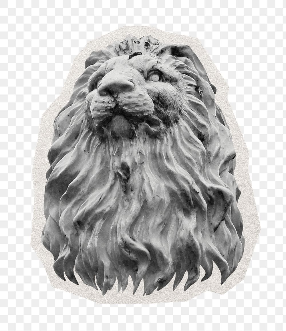 PNG lion sculpture sticker with white border, transparent background