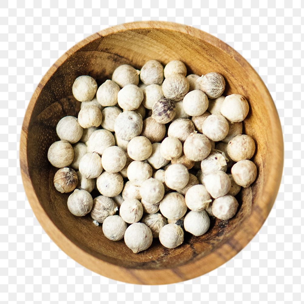 PNG White pepper in wooden bowl, collage element, transparent background
