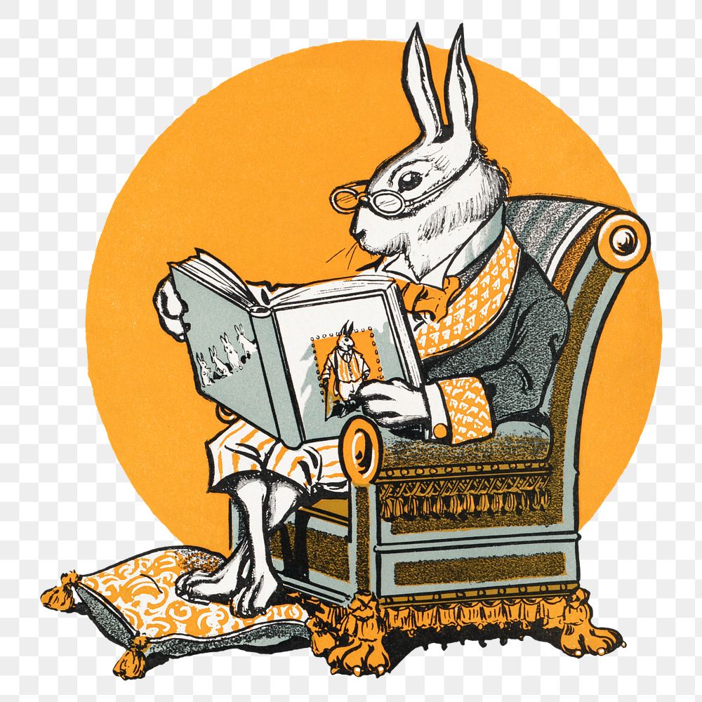 Mr Bunny png, his book, rabbit illustration by W.H. Fry, transparent background. Remixed by rawpixel.