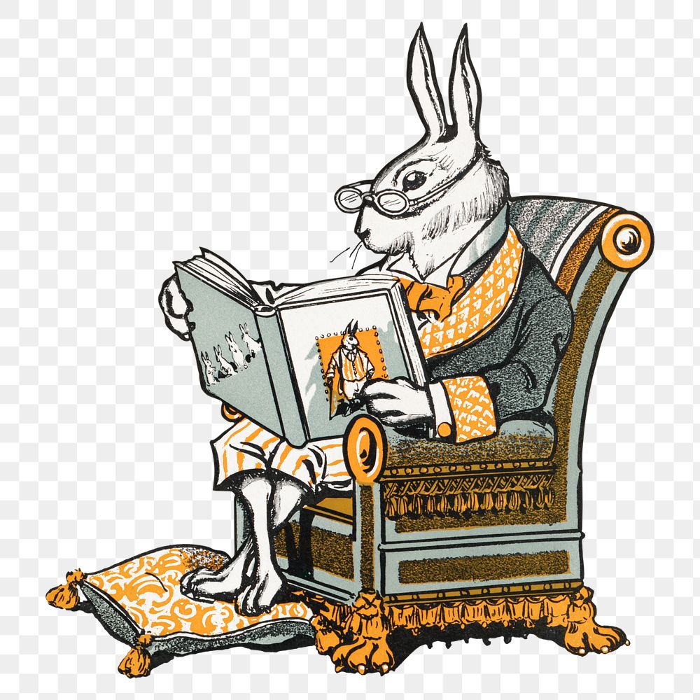 Mr Bunny png, his book, rabbit illustration by W.H. Fry, transparent background. Remixed by rawpixel.