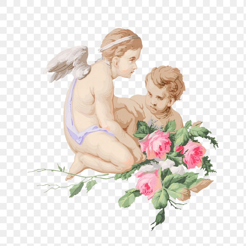 Vintage cherubs png with flower illustration on transparent background. Remixed by rawpixel.