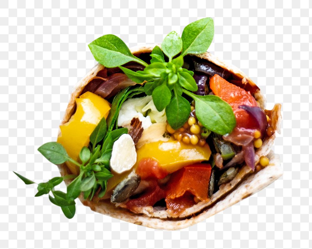 PNG Tortilla wraps with roasted vegetables and mozzarella cheese, collage element, transparent background