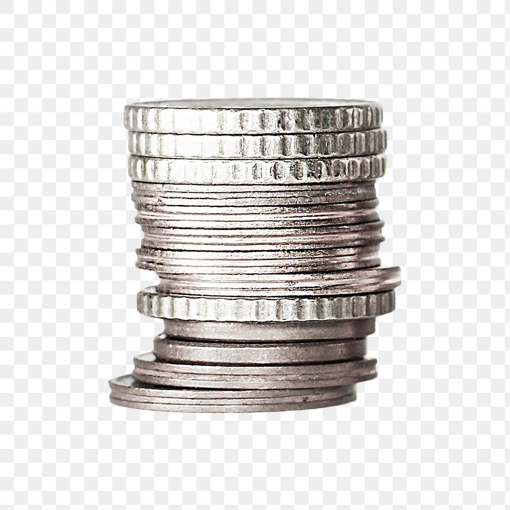PNG silver coins stack money, collage element, transparent background