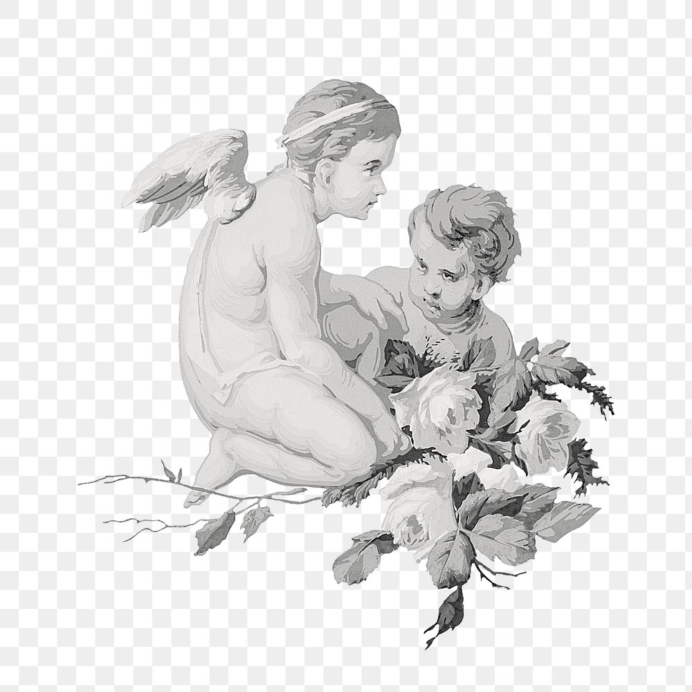 Vintage cherubs png flower illustration on transparent background. Remixed by rawpixel.