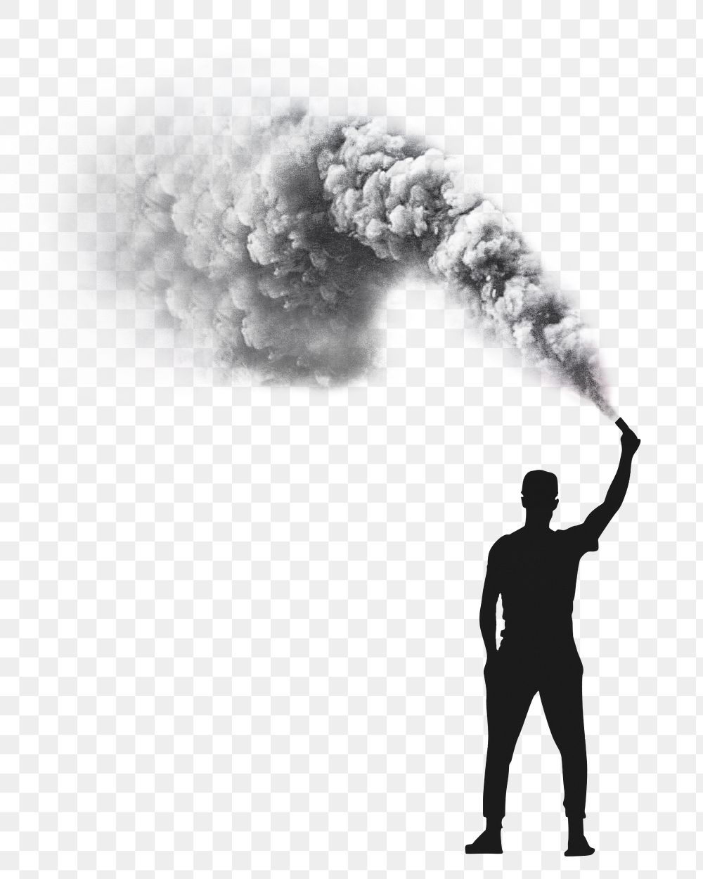 Png silhouette man smoke bomb, isolated collage element, transparent background