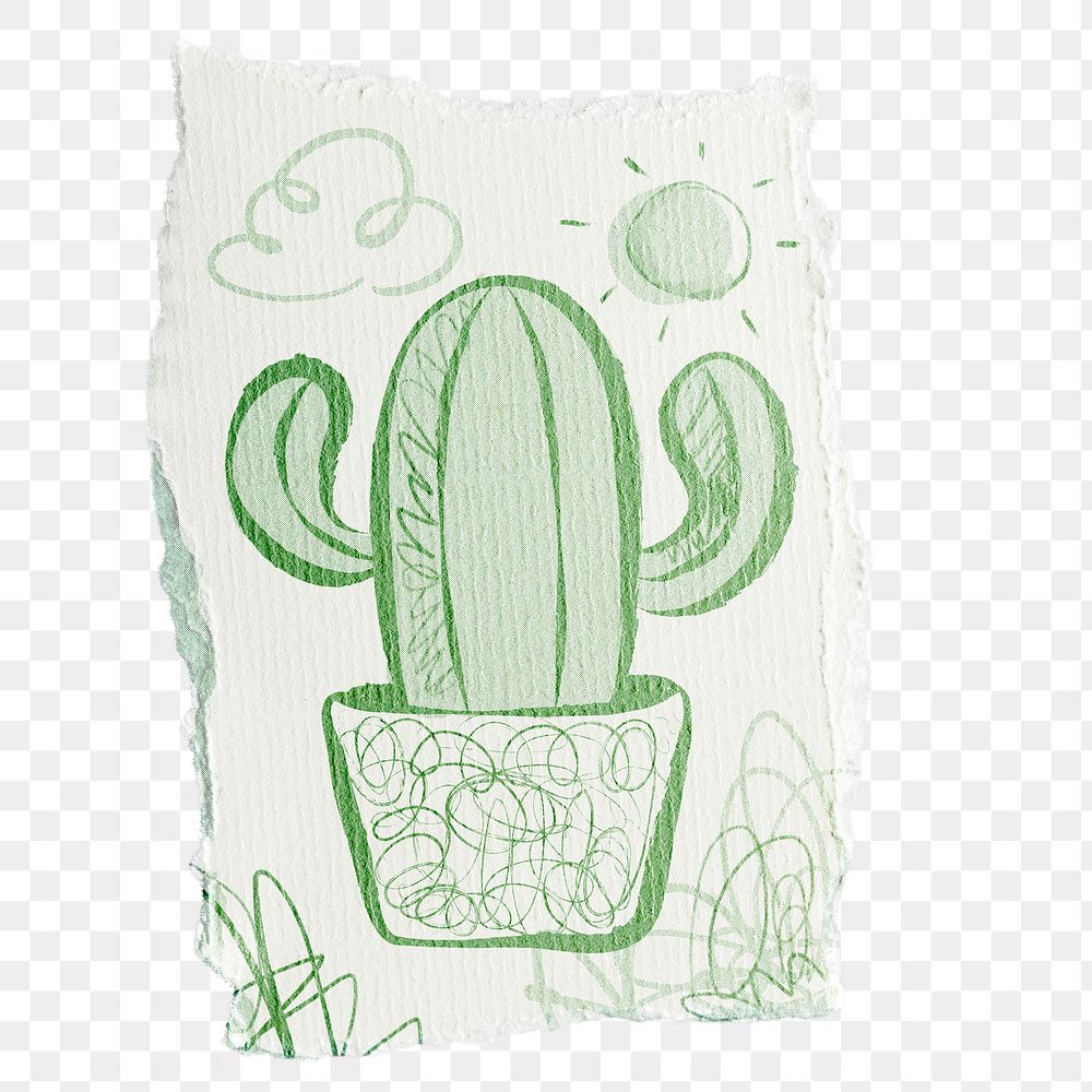 Cactus png doodle sticker, aesthetic ripped paper design on transparent background