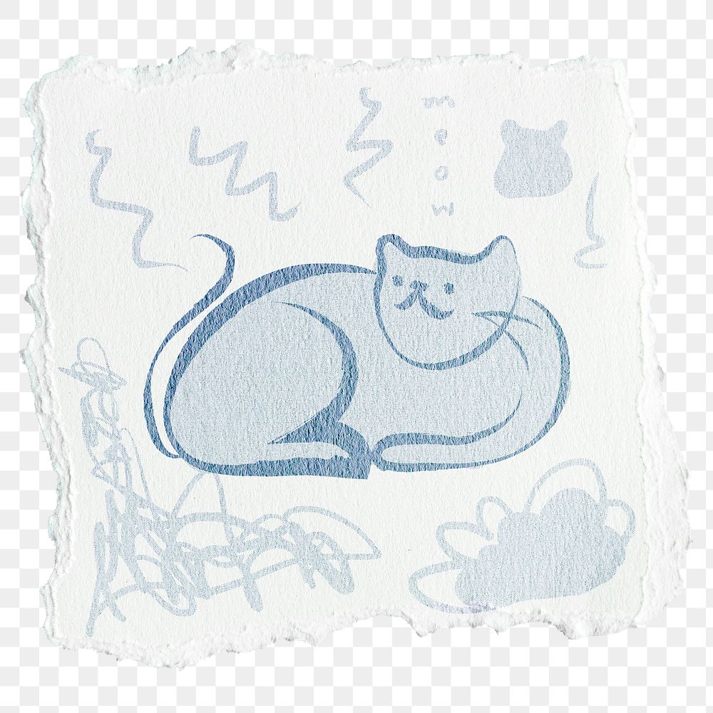 Sitting cat png doodle sticker, aesthetic ripped paper design on transparent background