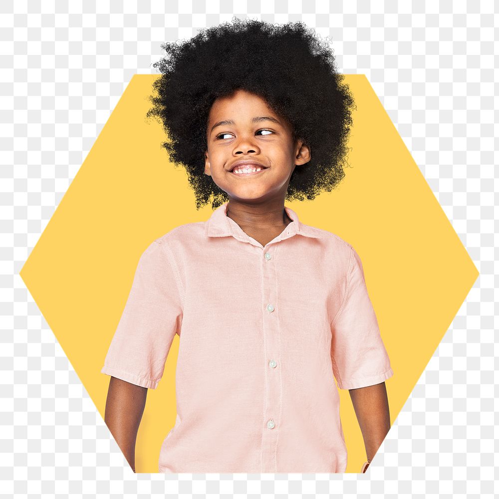 African boy png badge sticker, person in hexagon badge, transparent background