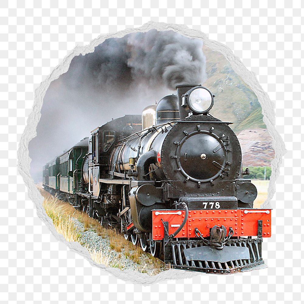 Vintage train png sticker, transportation photo in torn paper badge, transparent background