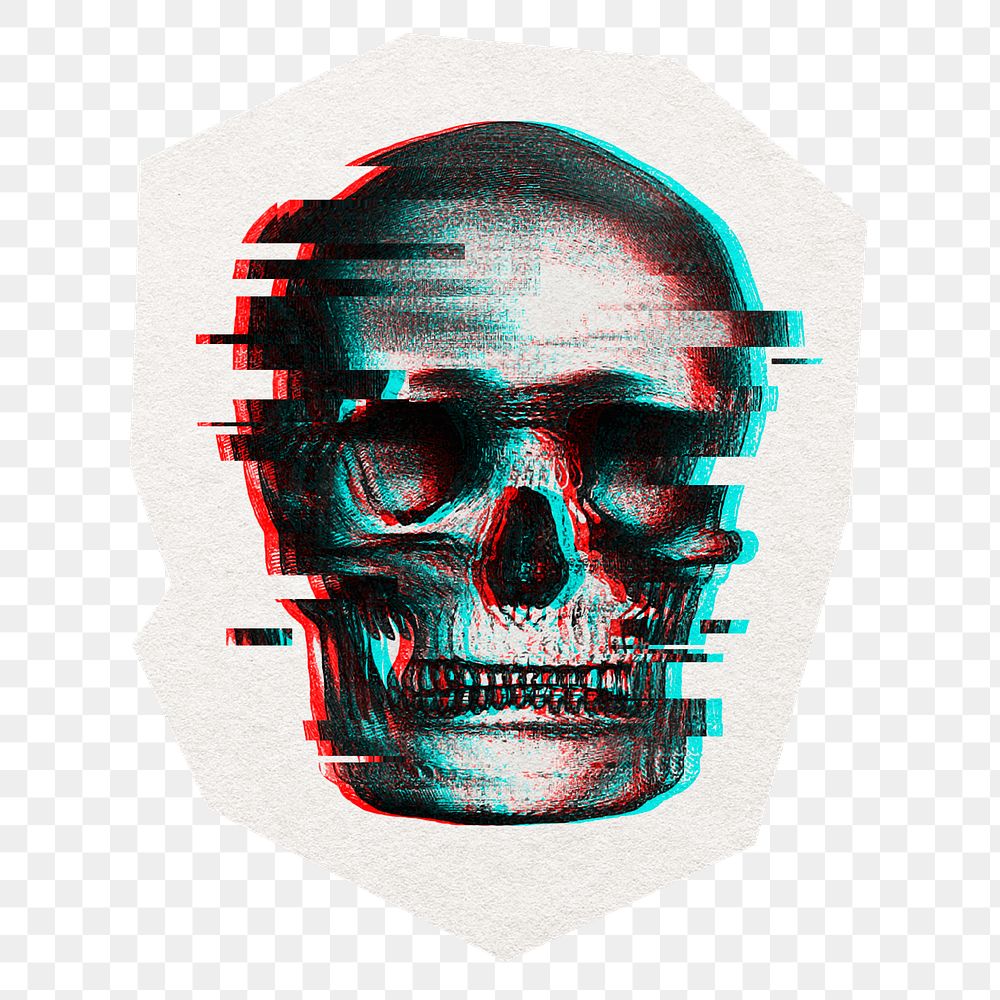 Glitch skull png collage element sticker, transparent background