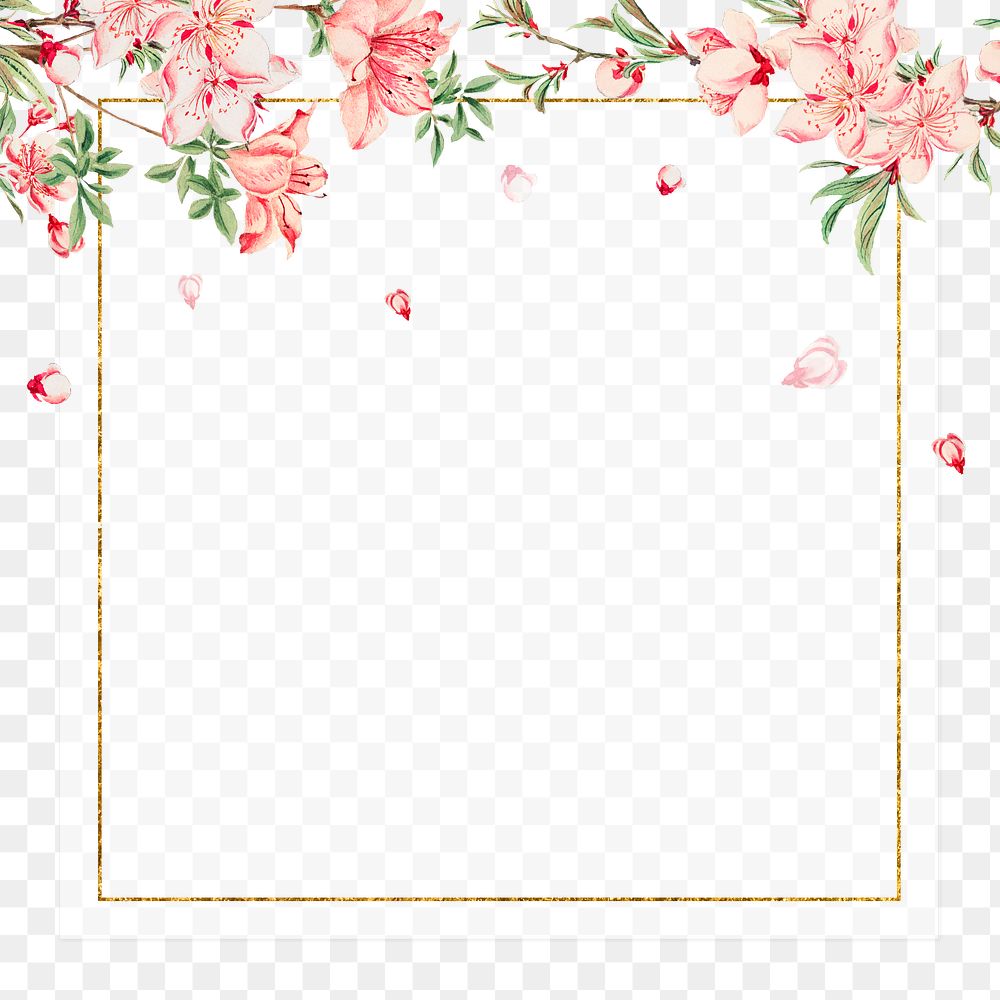 Gold frame png peach blossom art print, remix from artworks by Megata Morikaga