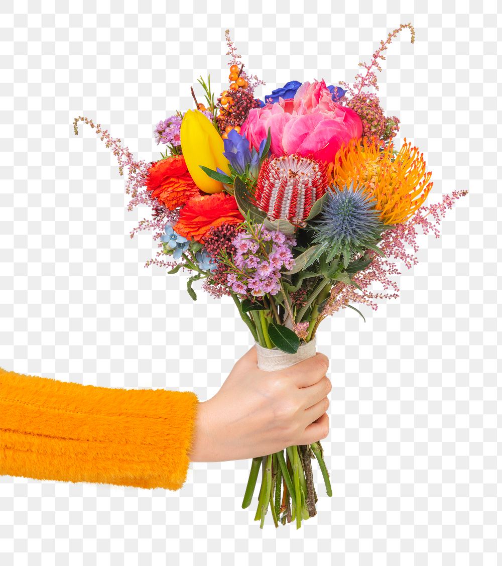 PNG flower bouquet, held by hand, collage element