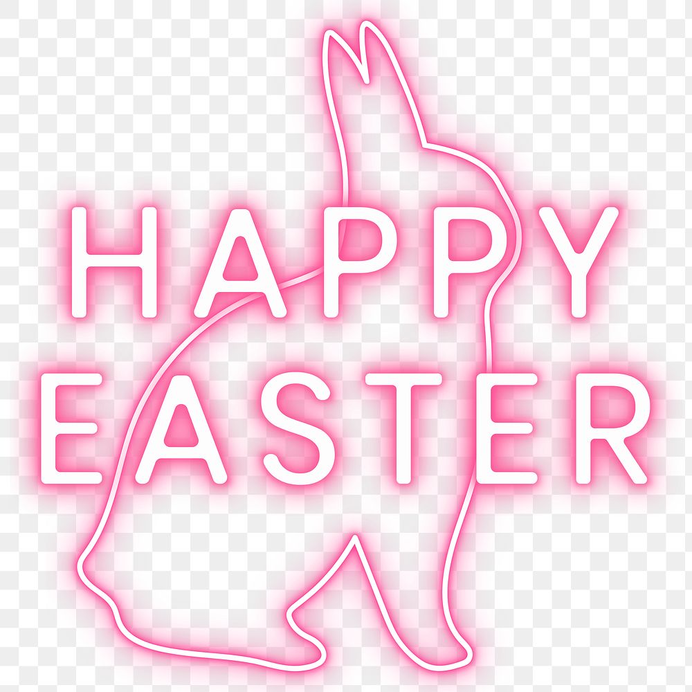 Pink happy Easter sign with bunny neon light transparent png