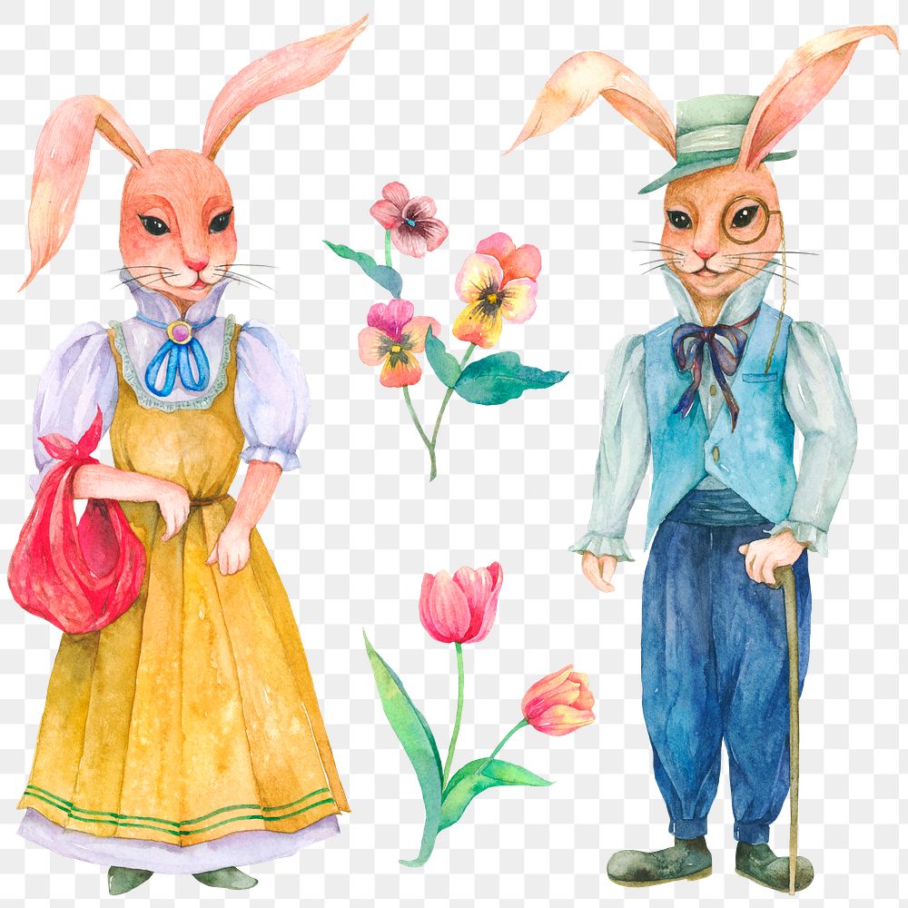 Png lovely Easter bunny in the garden design element set