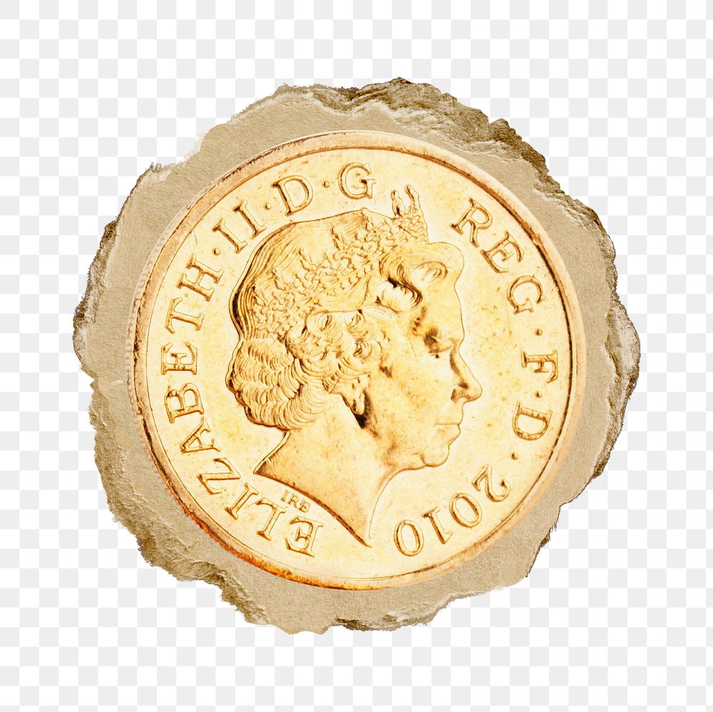 Png UK one pound coin on ripped paper. Location unknown, 1 JUNE 2022