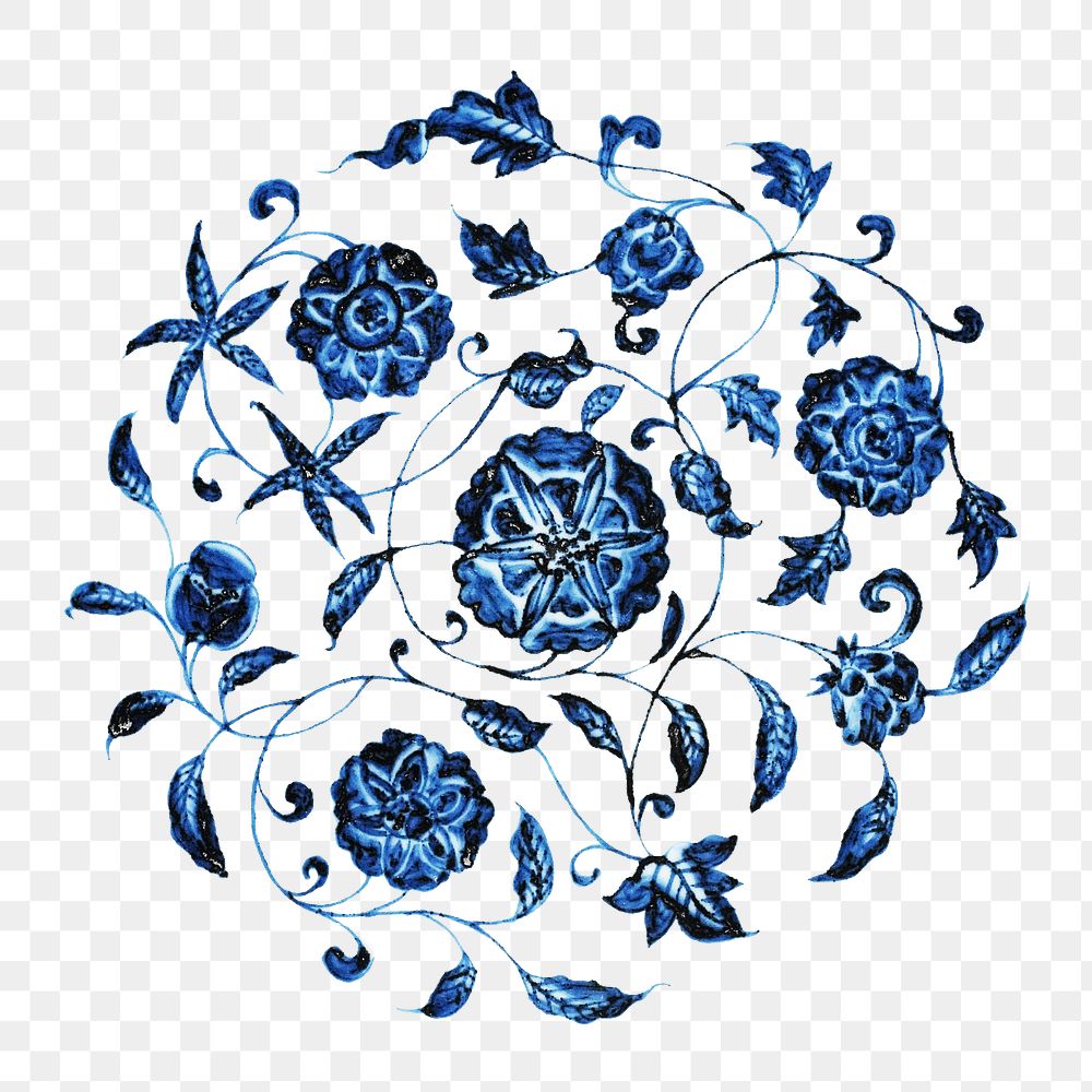 PNG blue floral round pattern sticker, transparent background.    Remastered by rawpixel