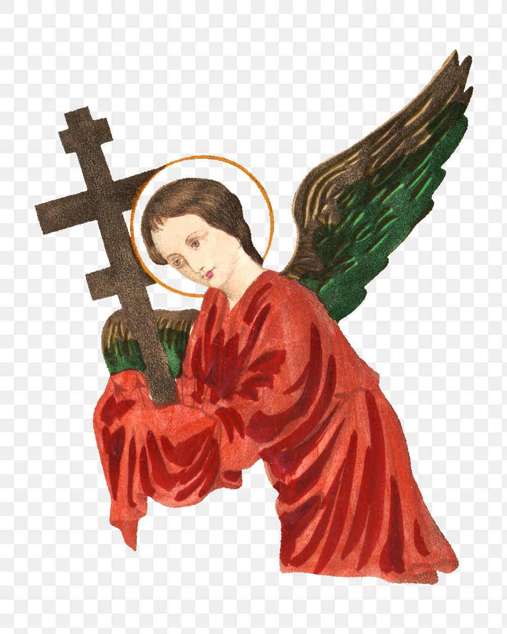 Angel holding cross png sticker, vintage religious on transparent background.   Remastered by rawpixel