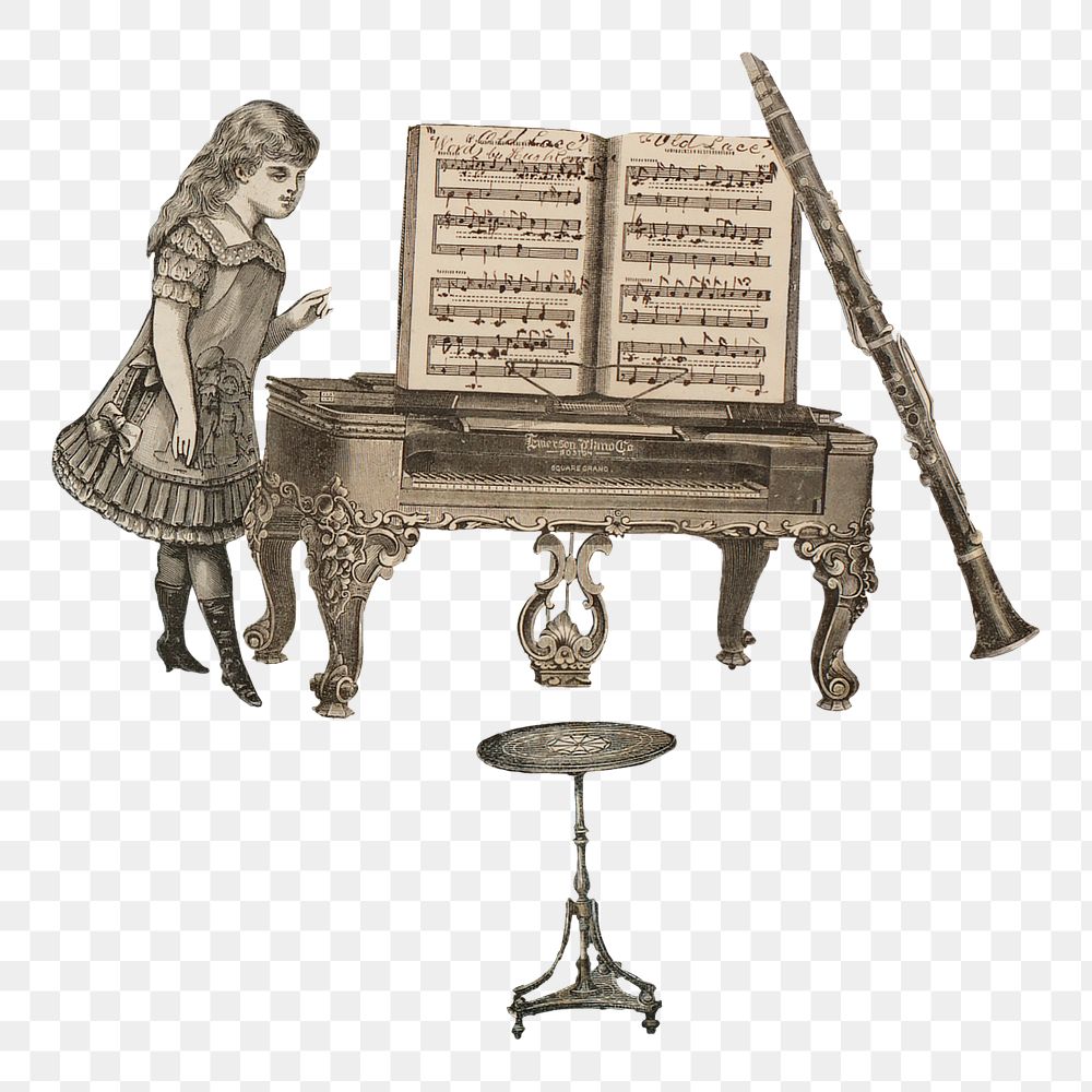 Girl with piano png sticker, transparent background. Remastered by rawpixel.