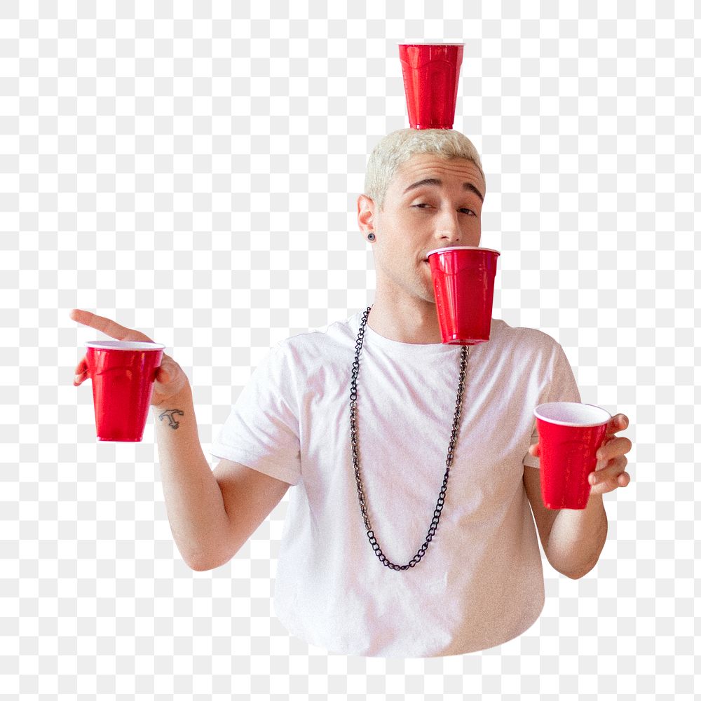 Png teenager holding red cups sticker, transparent background