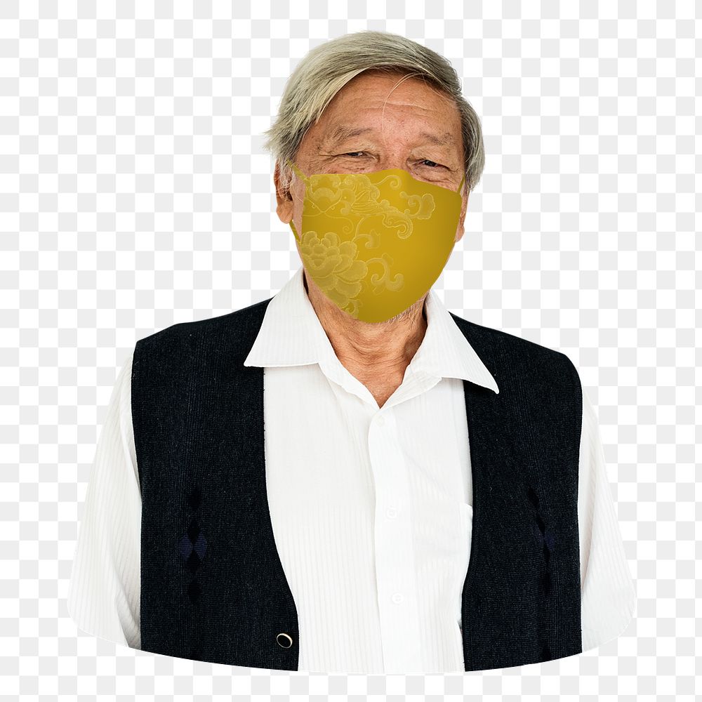 Senior man png wearing mask sticker, transparent background