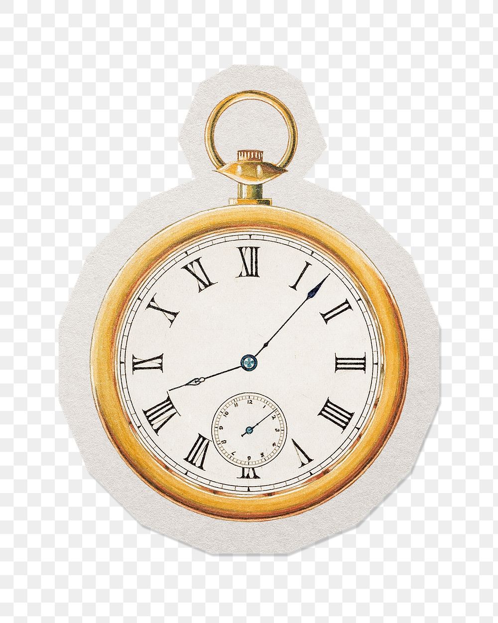 PNG vintage pocket watch sticker with white border, transparent background