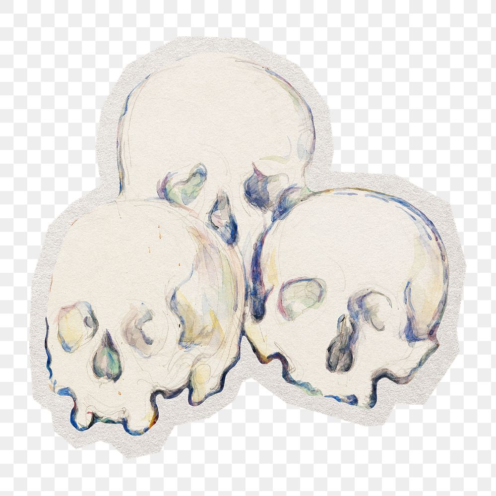 PNG Cezanne&rsquo;s Three Skulls sticker with white border, transparent background, artwork remixed by rawpixel.
