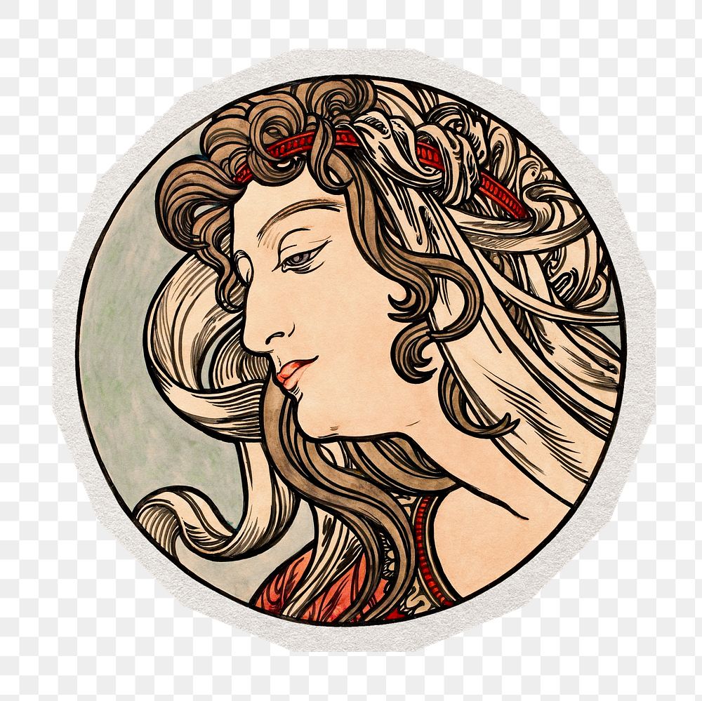 PNG Mucha's Art nouveau woman sticker with white border, transparent background , artwork remixed by rawpixel.