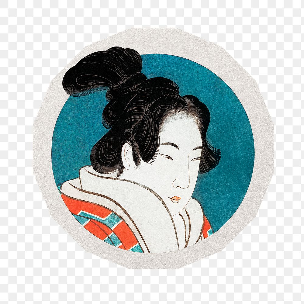 PNG Hokusai&rsquo;s Japanese woman sticker with white border, transparent background