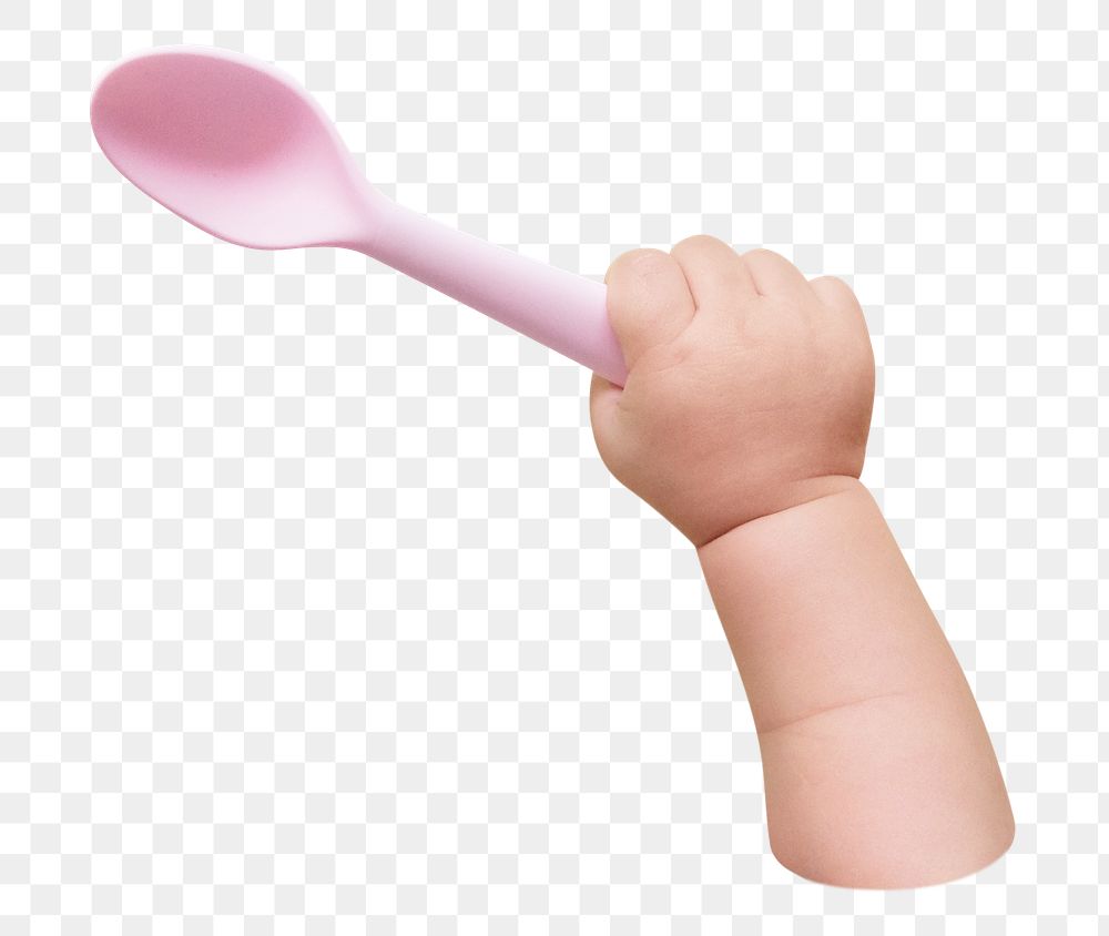 Png baby holding pink spoon, transparent background