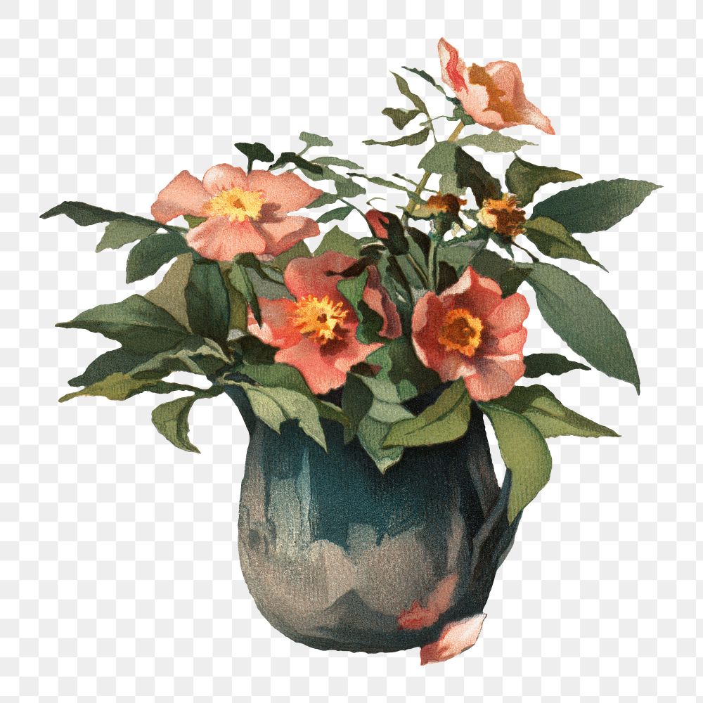 Vintage flower vase png illustration by Annie C. Nowell, transparent background. Remixed by rawpixel.