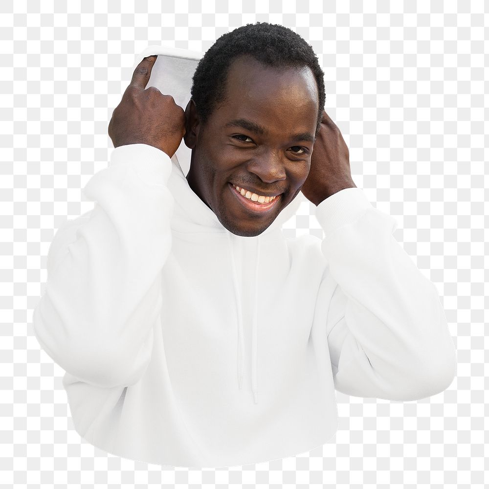 Png man in white hoodie, transparent background