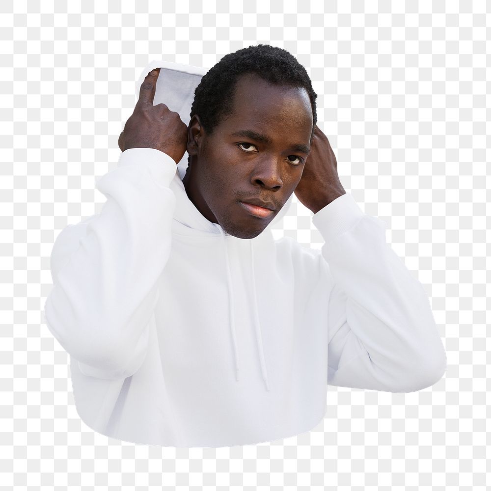 Png man in white hoodie, transparent background