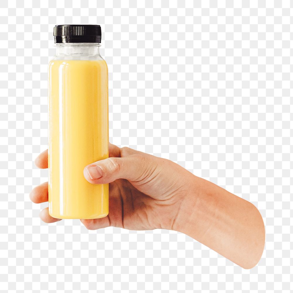 PNG Woman holding a bottle of orange juice, collage element, transparent background