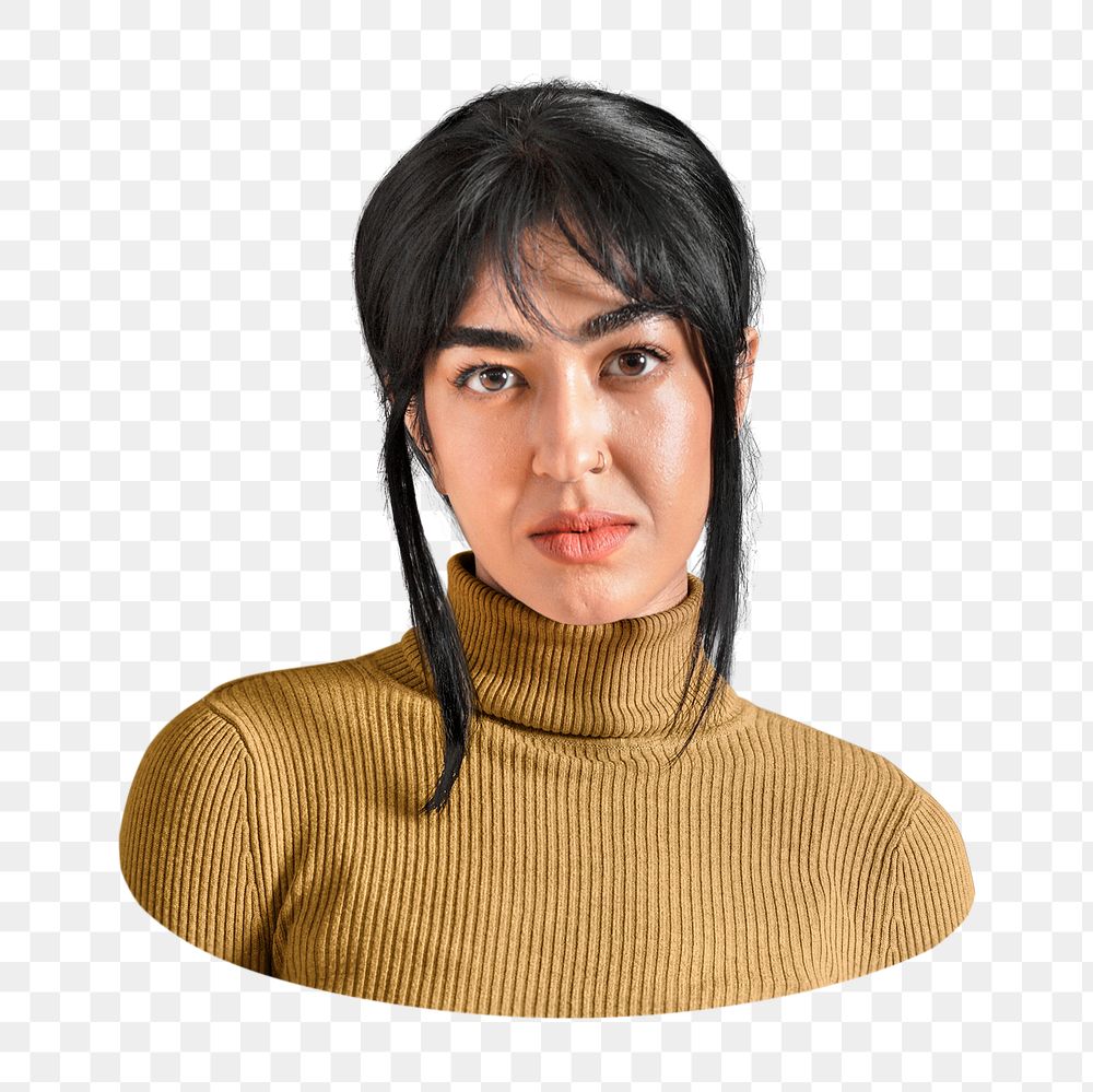 PNG Woman wearing yellow turtleneck sweater, collage element, transparent background