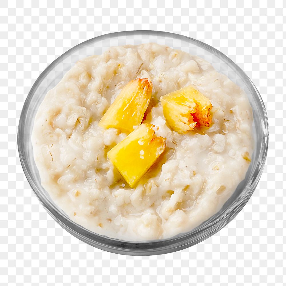 PNG 1/4 cooked oatmeal topped with 3 peach cubes (1/2 oz eq grains), collage element, transparent background.