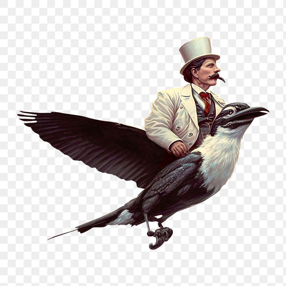 Vintage man riding bird png illustration, transparent background. Remixed by rawpixel.