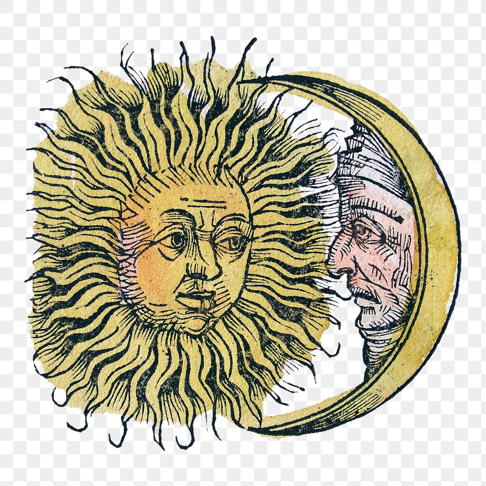 Vintage Sun & Moon png illustration, transparent background. Remixed by rawpixel.