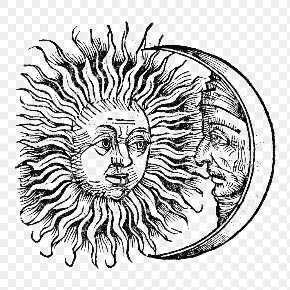 Vintage Sun & Moon png illustration, transparent background. Remixed by rawpixel.