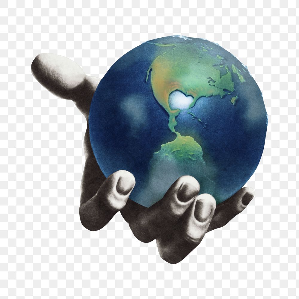 Vintage globe in hand png illustration, transparent background. Remixed by rawpixel.