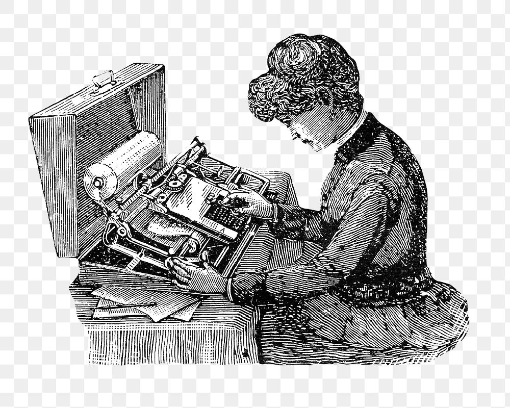 Vintage woman png using typewriter illustration, transparent background. Remixed by rawpixel. 