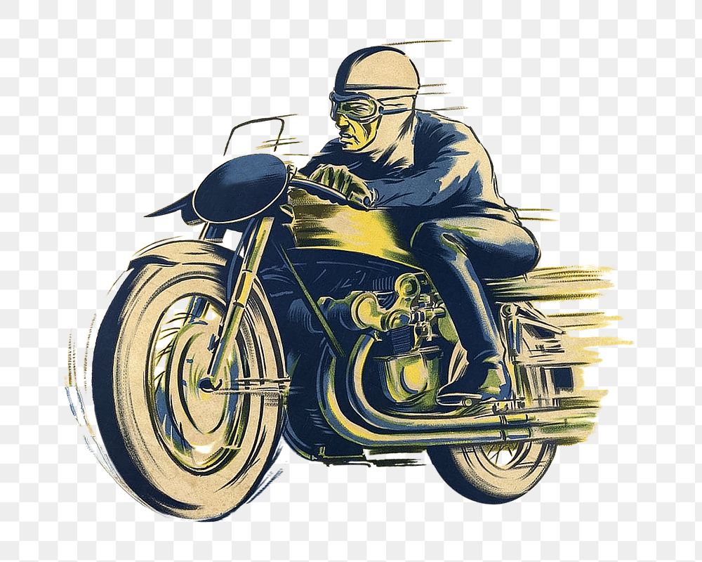 Vintage motorcycle png chromolithograph art, transparent background. Remixed by rawpixel. 