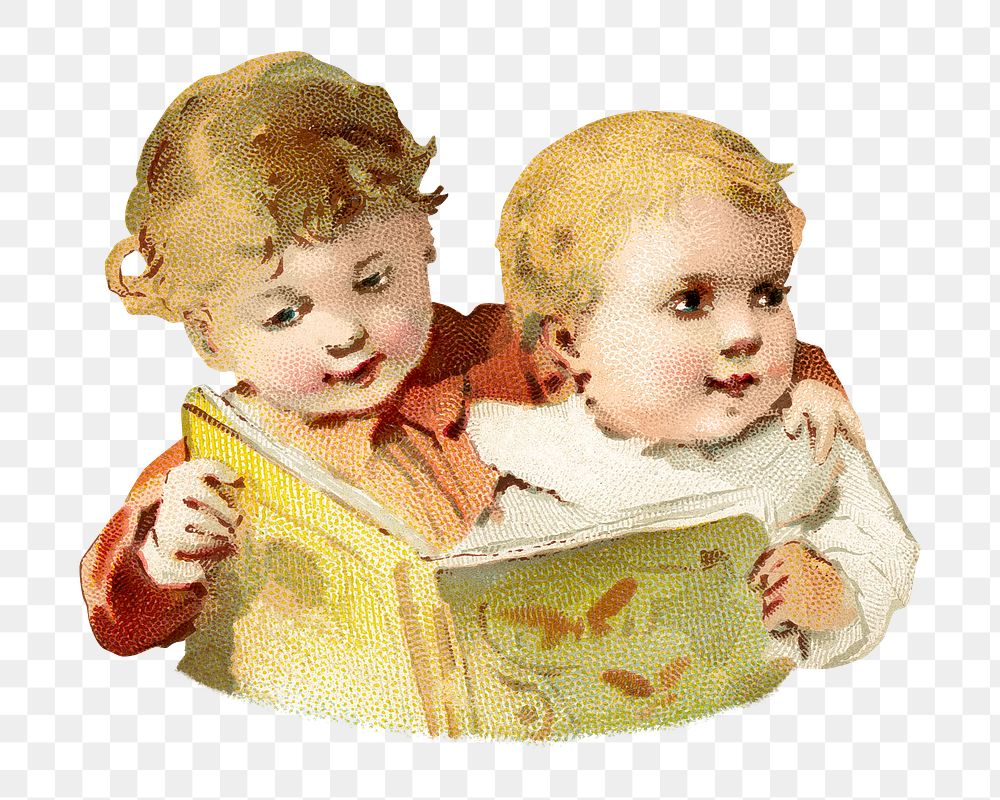 Little boys png reading book vintage illustration, transparent background. Remixed by rawpixel. 