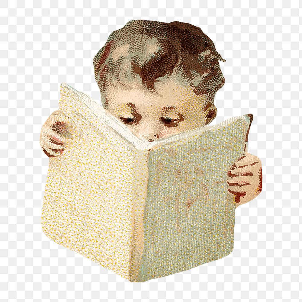 Little boy png reading book vintage illustration, transparent background. Remixed by rawpixel. 