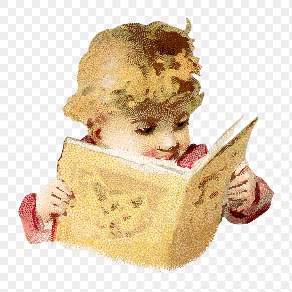 Little boy png reading book vintage illustration, transparent background. Remixed by rawpixel. 