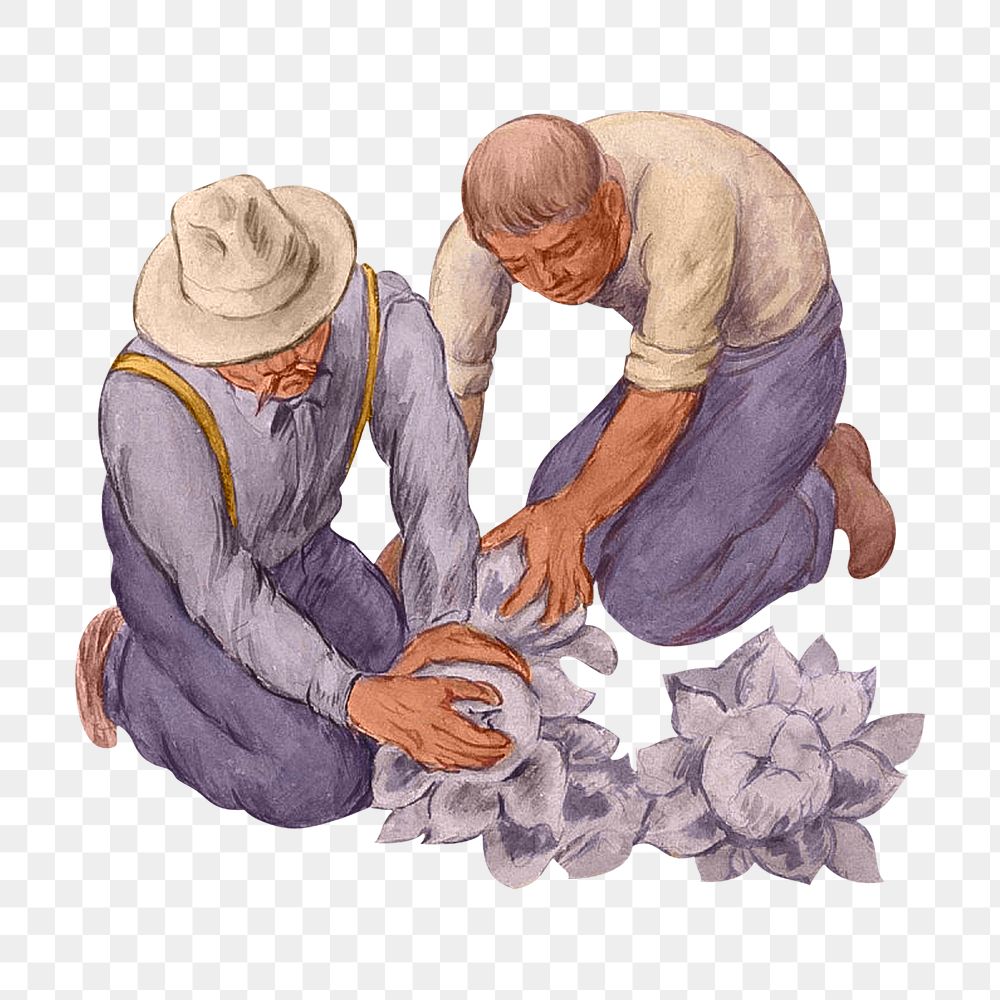 PNG Men planting flower, vintage illustration by Jose Moya del Pino, transparent background. Remixed by rawpixel.