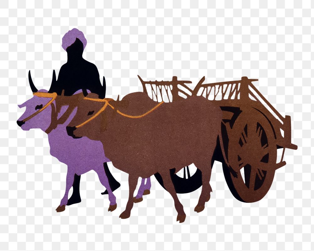 PNG Ox cart & man silhouette, Indian illustration, transparent background. Remixed by rawpixel.