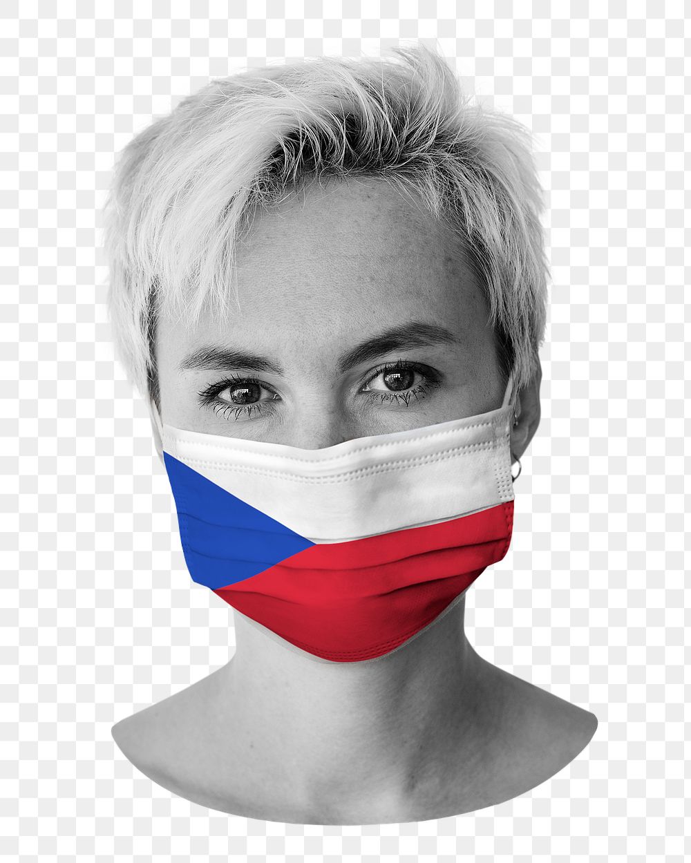 PNG woman wearing face mask, Czech Republic flag, collage element, transparent background